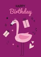 ilustração com flamingo e a inscrição feliz aniversário em uma Rosa fundo. cumprimento cartão com flamingo, presente caixa e a inscrição. feliz aniversário cumprimento cartão com flamingos e presentes vetor