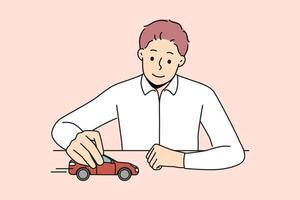 sorridente homem de negocios sentar às escrivaninha jogar com vermelho carro. confiante homem patrão ou CEO jogando com automóvel pensar do Próximo o negócio mover. vetor ilustração.