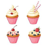 conjunto de doces cupcakes cor de rosa. pastelaria de vetor decorada com cereja, morangos, mirtilos, doces. design de comida