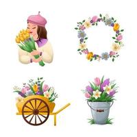 conjunto do ilustrações com Primavera tema. delicado As fotos com flores jardinagem, floricultura e flor garota. plano vetor ilustração.