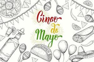 Cinco de mayo fundo festivo com símbolos de mão desenhada - pimenta, maracas, sombrero, nachos, tacos, burritos, tequila, balões isolados no branco. letras feitas à mão. vetor