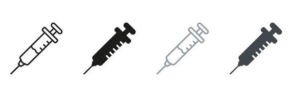 cuidados de saúde imunização, vacinação Preto e cor placa. vacina injeção pictograma. seringa, agulha linha e silhueta ícone definir. médicos símbolo coleção. isolado vetor ilustração.