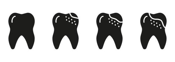 ortodôntico dentes problema. dental cárie processo silhueta ícone definir. dental tratamento placa. dente doença estágios glifo pictograma. odontologia sólido símbolo. isolado vetor ilustração.