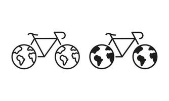 bicicleta com rodas dentro planeta terra forma linha e silhueta ícone definir. pictograma. eco amigáveis transporte símbolo coleção em branco fundo. ecológico bicicleta. isolado vetor ilustração.