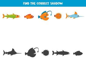encontrar a corrigir sombras do fofa mar peixe. lógico enigma para crianças. vetor
