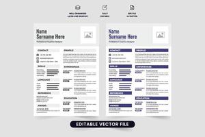 criativo currículo modelo vetor com foto espaços reservados. trabalho inscrição e cv disposição Projeto com Sombrio azul e Preto cores. profissional cv e corporativo currículo vetor para escritório.