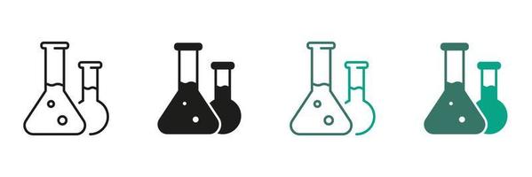 vidro tubo para químico laboratório pictograma. laboratório equipamento, farmacia símbolo coleção. frasco linha e silhueta ícone definir. biologia análise taça Preto e cor placa. isolado vetor ilustração.