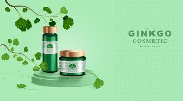 cosméticos ou produtos para a pele. maquete de garrafa e folhas de ginkgo com fundo verde.