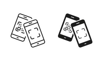 digitalize o código qr na linha do smartphone e conjunto de ícones de silhueta. scanner de pagamento no pictograma do telefone móvel. aplicativo de código de barras quadrado para coleção de símbolo de pagamento em fundo branco. ilustração vetorial isolada. vetor