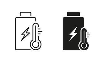 eco renovável bateria frio ou caloroso temperatura linha e silhueta ícone definir. acumulador com termômetro pictograma. elétrico verde energia símbolo coleção. isolado vetor ilustração.