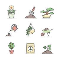 contorno conjunto de ícones de jardinagem vetor