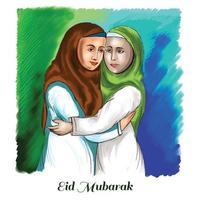 muçulmano mulheres pessoas abraçando e desejando eid Mubarak celebração fundo vetor
