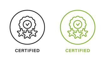 certificado produtos qualidade linha verde e Preto ícone definir. certificado garantia esboço pictograma. credenciado produtos carimbo com estrelas. ao controle símbolo, verificado selo. isolado vetor ilustração.