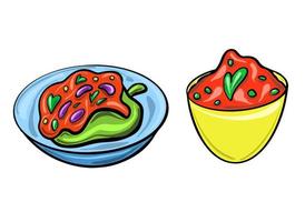 vetor conjunto do mexicano pratos dentro uma desenho animado plano estilo. latim americano cultura. Pimenta e salsa.