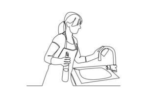 contínuo uma linha desenhando uma mulher limpeza a afundar. cozinha atividade conceito. solteiro linha desenhando Projeto gráfico vetor ilustração