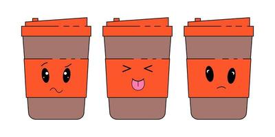 café papel copo emoticons conjunto com diferente rostos e expressões. vetor