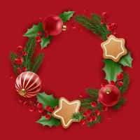 realista Natal decoração com azevinho bagas, Natal árvore galhos, biscoitos e Natal árvore vermelho bolas. festivo fundo com decoração dentro a Formato do uma círculo vetor