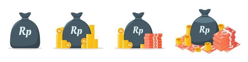 indonésio rupia dinheiro saco ícone conjunto vetor