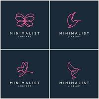 coleção de linhas de design de logotipo de animais minimalistas, borboleta e beija-flor. logotipos de desenho de vetor abstrato.