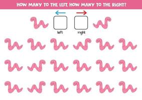 esquerda ou direita com verme bonito. planilha lógica para pré-escolares. vetor