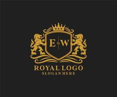 modelo de logotipo de luxo real de leão de carta inicial ew em arte vetorial para restaurante, realeza, boutique, café, hotel, heráldica, joias, moda e outras ilustrações vetoriais. vetor