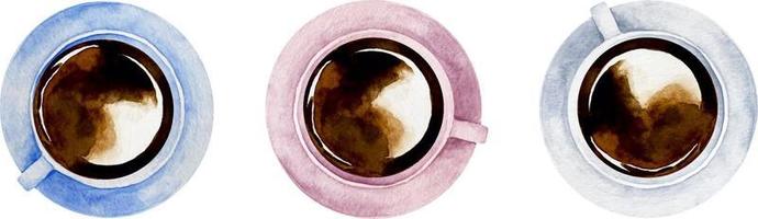 aguarela conjunto do três Preto café dentro uma branco, Rosa e azul copos dentro pires topo Visão isolado em branco fundo vetor