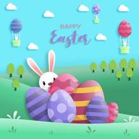 feliz dia de Páscoa em estilo paper art com coelho e ovos de Páscoa. cartão de felicitações, cartazes e papel de parede. ilustração vetorial. vetor