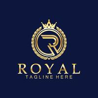 r inicial real coroa logotipo. real, rei, rainha luxo símbolo. Fonte emblema. vetor