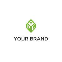 pc monograma com folha logotipo Projeto Ideias, criativo inicial carta logotipo com natural verde folhas vetor