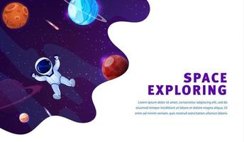 espaço aterrissagem página. desenho animado astronauta e planetas vetor