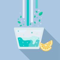 ícone, adesivo, ilustração. vidro com limão e hortelã coquetel com bolhas em azul fundo. verão, coquetel, fruta vetor