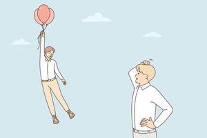 frustrado homem Veja às feliz colega vôo em balões dentro céu. confuso masculino chocado com colega de trabalho acima dentro ar. vetor ilustração.