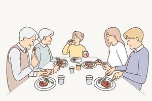 grande família sentar às mesa comendo jantar junto. pais, criança e avós apreciar saboroso Comida às lar. vetor ilustração.