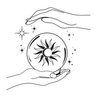 mãos com cristal bola com sol, lua, estrelas. espiritual sessão. esotérico, Magia, previsões vetor