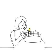 mulher iluminação velas em uma bolo - 1 linha desenhando vetor. a conceito do preparando uma bolo para a feriado, a comemorar uma aniversário sozinho sem amigos vetor