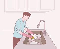 um homem está lavando os pratos. mão desenhada estilo ilustrações vetoriais. vetor