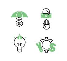 financeiro Serviços ícones definir. ícones seguro, risco capital, de ativos gerenciamento. ícones luz lâmpada com uma moeda, engrenagem com uma mecânico chave e uma dólar sinal, a guarda-chuva e uma dólar em a lidar com vetor