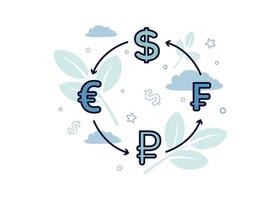 finança ilustração. internacional moeda intercâmbio. gráfico símbolos do mundo moedas com palmilhas dentro uma círculo, em a fundo do uma ramo com folhas, nuvens, dólar sinal, estrelas vetor