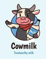 engraçado vaca com uma vermelho curativo com uma garrafa do leite. vetor