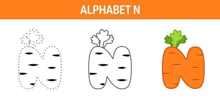 alfabeto n traçando e planilha de colorir para crianças vetor