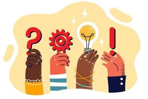 pessoas mãos com símbolos do olhando para Ideias para crio Inovativa o negócio ou modernizar Produção processo. luz lâmpada e engrenagem debate metáfora para achando idéia para progressivo Produção vetor