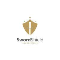 design de logotipo de espada e escudo. vetor