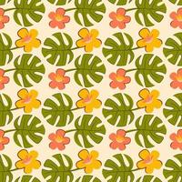 floral exótico tropical desatado papel de parede com trópico havaiano padronizar. flores do plumeria frangipani e verde folhas do monstera em uma branco fundo. de praia fundo, recorrente a Projeto. vetor