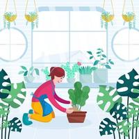 mulher cuidando de plantas em casa conceito vetor