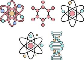 molécula e átomo ícone definir, desenho animado estilo. Ciência gráfico para escola. minimalista ilustração vetor