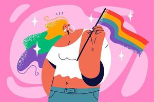 sorridente mulher com lgbt bandeira dentro mãos sentir animado às orgulho parada. feliz menina com lgbtq placa Apoio, suporte homossexualidade e humano direitos. vetor ilustração.