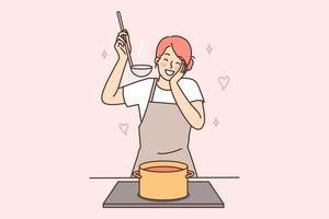 feliz dona de casa mulher cozinheiros sopa em pé às fogão com panela e sabores depois de adicionando especiarias. positivo dona de casa dentro avental preparando jantar esperando para chegada do namorado ou marido vetor