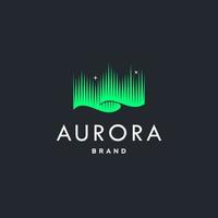 logotipo verde da aurora boreal, aurora boreal moderna céu aurora e fundo de ilustração de design de logotipo de ícone de estrelas vetor