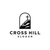 piedosos Cruz logotipo ícone .colina e montanha com piedosos cristão Cruz logotipo, Igreja do católico dentro natureza panorama ilustração vetor
