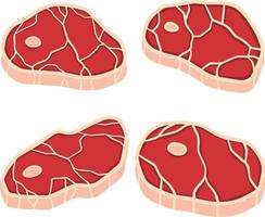pedaço de carne crua. superfície frita marrom. ilustração plana dos desenhos animados. corte metade da carne. elemento de cozinha, churrasqueira, churrasco, bife e deliciosa refeição. conjunto de comida vermelha fresca com listras e gordura vetor